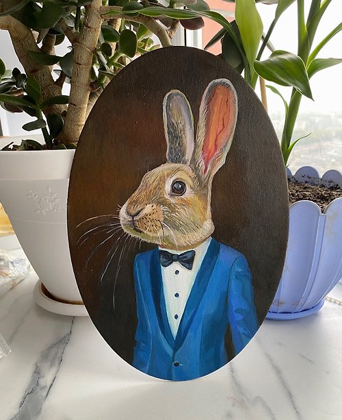 うさぎの油絵 動物作品 ウサギのオリジナルアート 楕円形の 