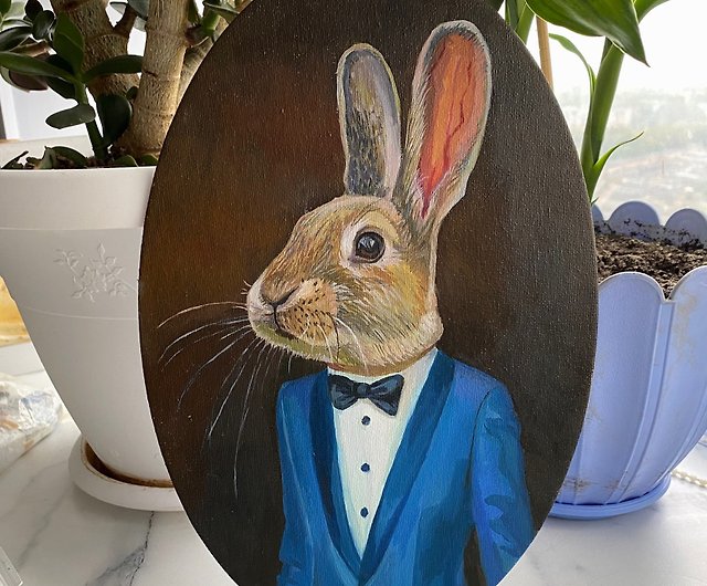 うさぎの油絵 動物作品 ウサギのオリジナルアート 楕円形のキャンバス 