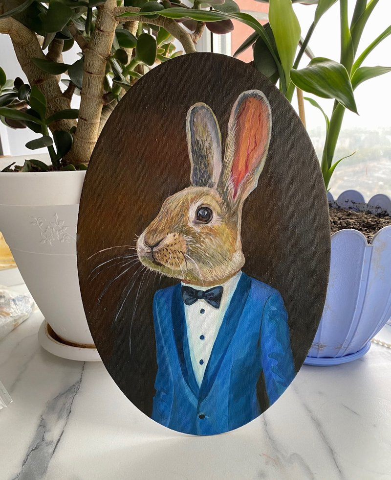 Rabbit oil painting Animal artwork Hare original art Painting on an oval canvas - ตกแต่งผนัง - ผ้าฝ้าย/ผ้าลินิน หลากหลายสี