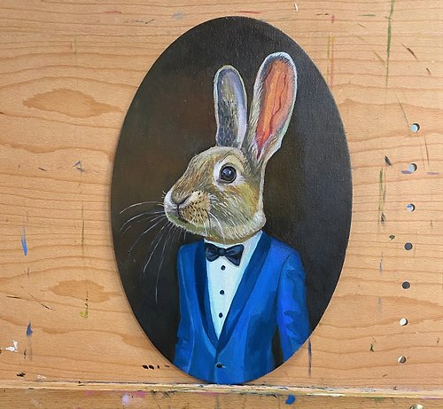 うさぎの油絵 動物作品 ウサギのオリジナルアート 楕円形のキャンバス 
