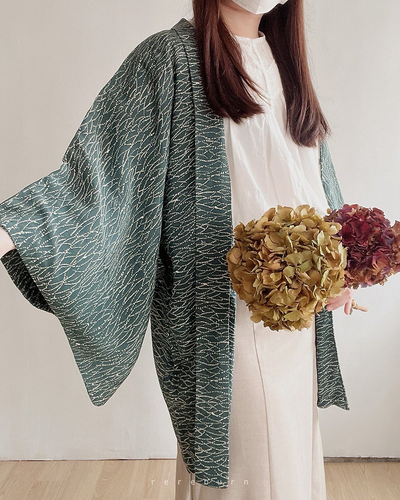 Japanese-style printed forest green thin vintage haori kimono jacket - Women's Casual & Functional Jackets - Polyester Green