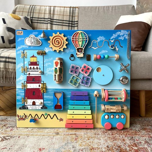 BeSmart Manufactory Toddler activity board with blue sea theme 50x60 cm, busy board or sensory board