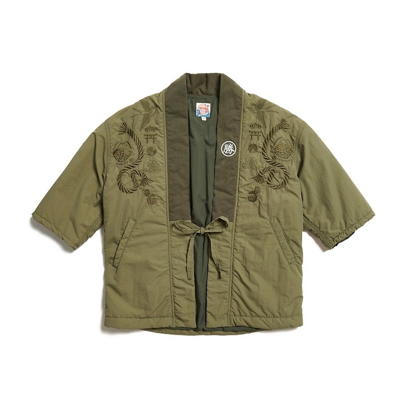 Edo Katsu Japanese-style cotton-lined half-zen jacket-men's (dark green) #shirt#half-tangle - Men's Shirts - Cotton & Hemp Green