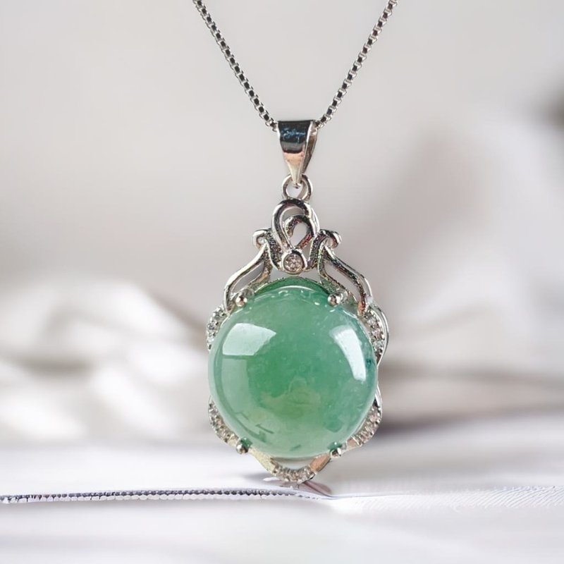 Lake green jade egg noodle necklace 925 sterling silver | natural Burmese jade A grade jade | gift - สร้อยคอ - หยก สีเขียว