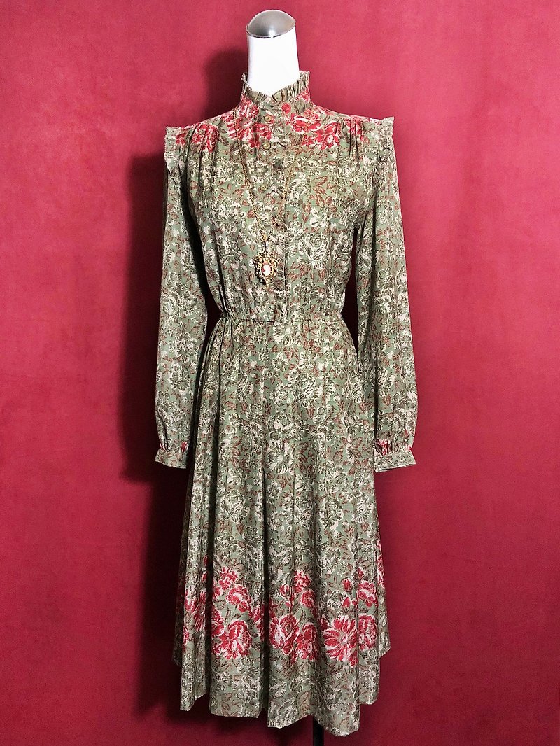 Time vintage / lotus leaf collar flower antique dress - One Piece Dresses - Polyester Green