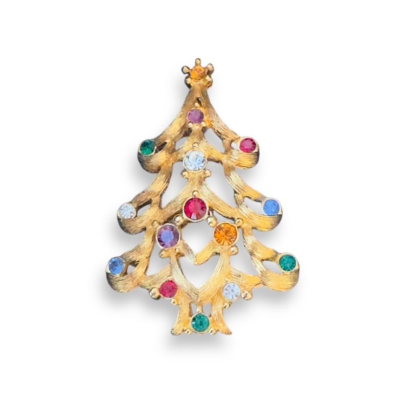 MONET Christmas Tree Vintage Brooch Signed Colorful Crystals Ornament Gift Idea - Brooches - Other Materials Multicolor