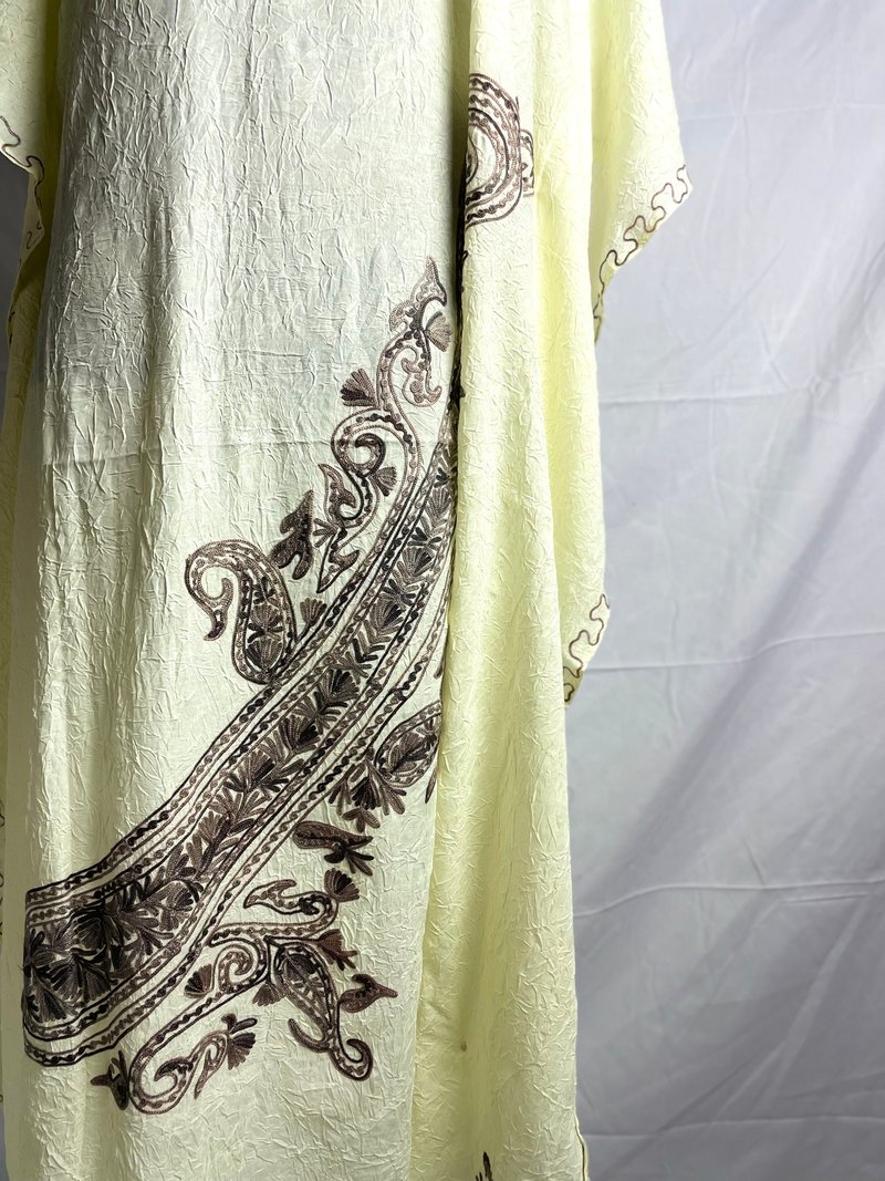 印度喀什米爾 手工刺繡 Kaftan 卡弗坦 蝴蝶洋裝 - 米黃 - 連身裙 - 棉．麻 黃色