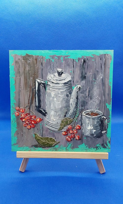 CosinessArt Still life Coffee pot Cup of coffee Rowan Painting for the kitchen Original work
