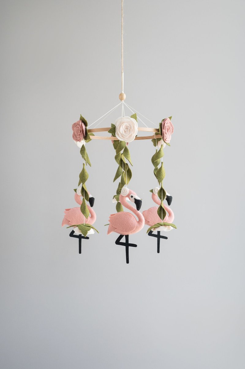 Baby mobile flamingo, pink floral mobile, nursery mobile tropical - 寶寶/兒童玩具/玩偶 - 環保材質 粉紅色