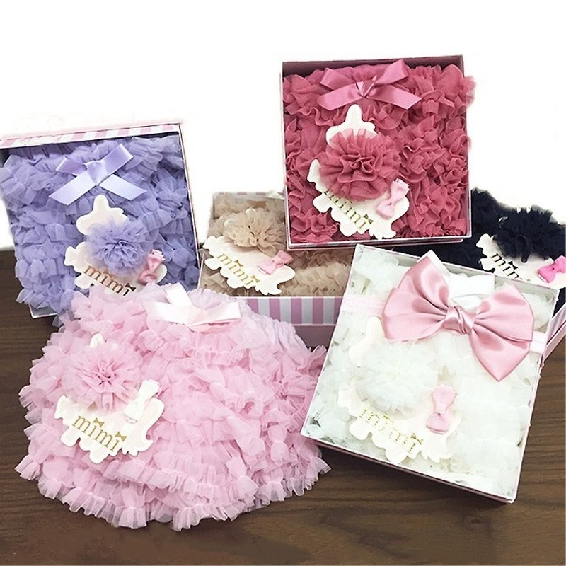 日本MiMiマカロンメッシュ糸バットパンツギフトボックス（ヘアクリップ+パンツ）ファットパンツ/日本製ウエストパンツスカート - 出産祝い用贈物 - ポリエステル ピンク