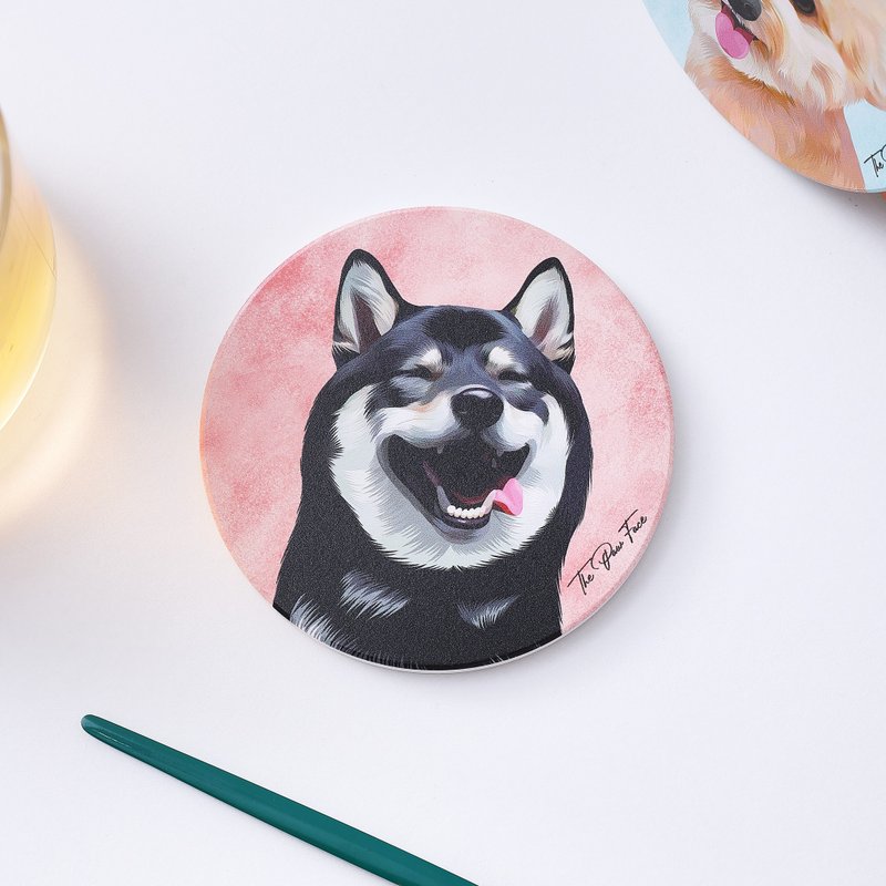 黑柴 柴犬 柴柴 狗狗-圓型陶瓷吸水杯墊/動物/居家用品 - 杯墊 - 陶 