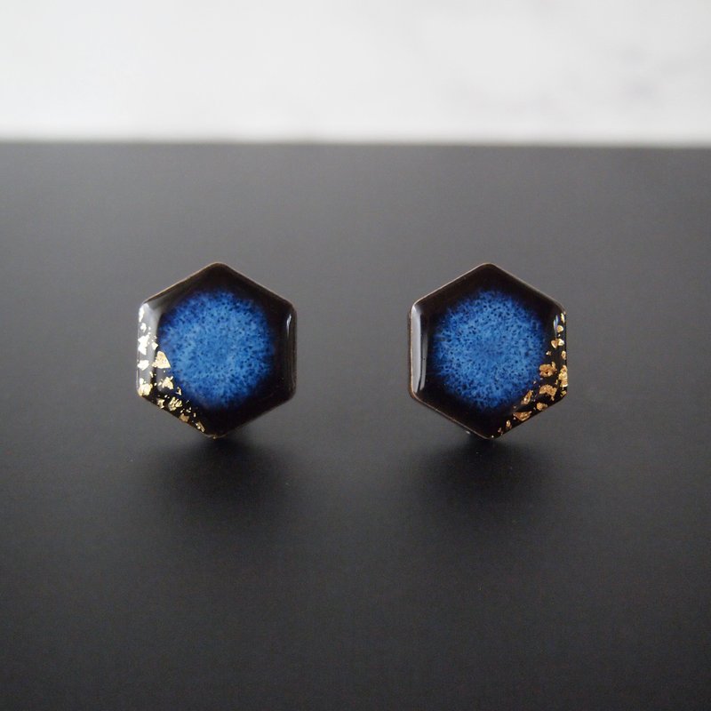 Hexagonal Mino ware Earrings (Haku) Earrings / Clip-On - Earrings & Clip-ons - Porcelain Blue