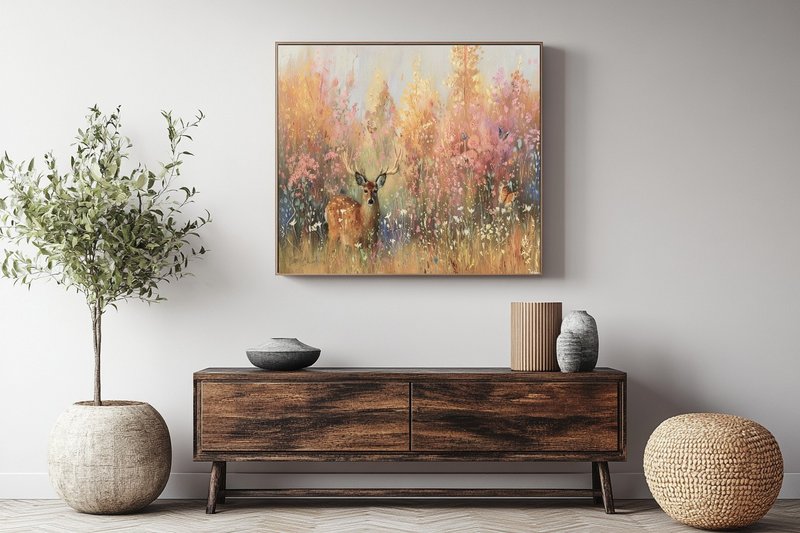 Deer hidden in flowers, sika deer art giclee prints, autumn scenery, living room, study room decoration, frameless paintings and hanging paintings - โปสเตอร์ - ผ้าฝ้าย/ผ้าลินิน 