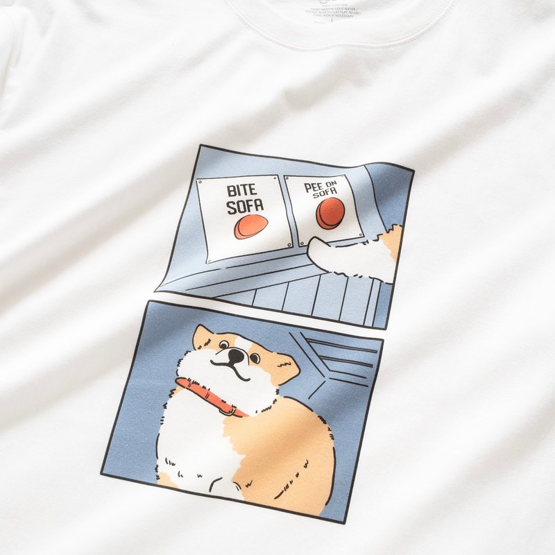 【GOOD DAY】Corgi Meme Graphic Tee (ZT1396) - เสื้อยืดผู้ชาย - ผ้าฝ้าย/ผ้าลินิน ขาว