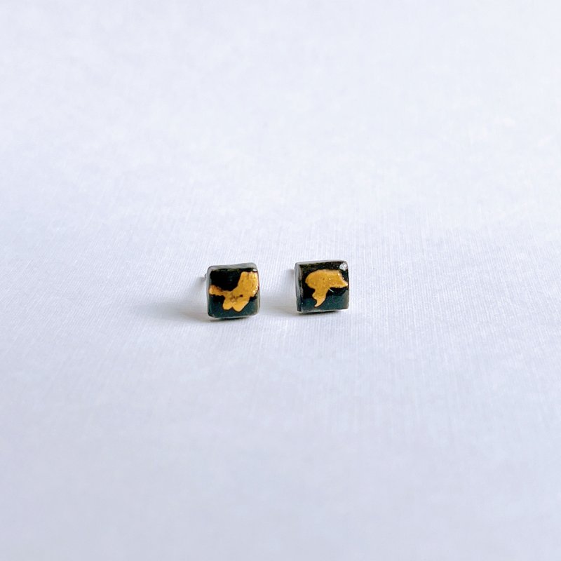 Jet Black Small Square Gilt Handmade White Porcelain Earrings Unique Ceramic Art - ต่างหู - เครื่องลายคราม สีดำ