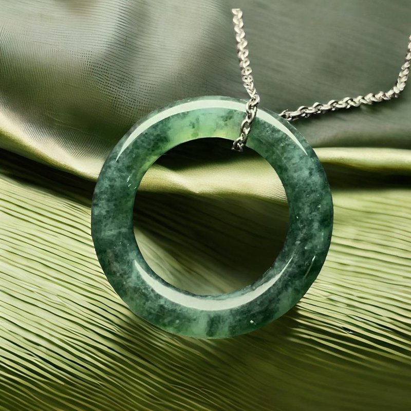 Ice-floating green flower jade peace ring necklace | Natural Burmese jade jade A goods | Gift giving - สร้อยคอ - หยก สีเขียว