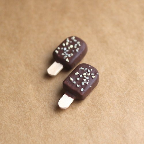 蜜斯手作 Mistory's Handmade 巧克力雪糕 耳環 單支 耳夾耳勾 仿真甜點 巧克力餅乾 杏仁