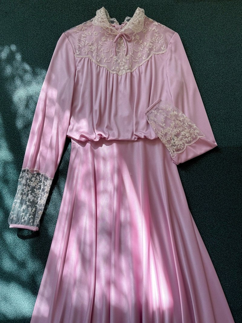 1970s USA制 柔軟垂感刺繡蕾絲長裙禮服超溫柔紫粉色 - 洋裝/連身裙 - 其他材質 