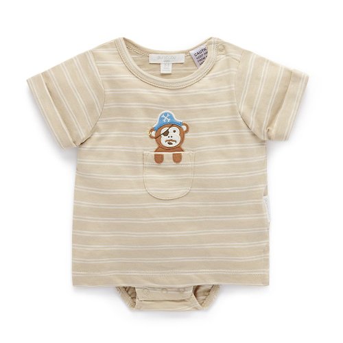 Purebaby有機棉 澳洲Purebaby有機棉嬰兒短袖包屁衣/新生兒 連身衣 猴子條紋短T
