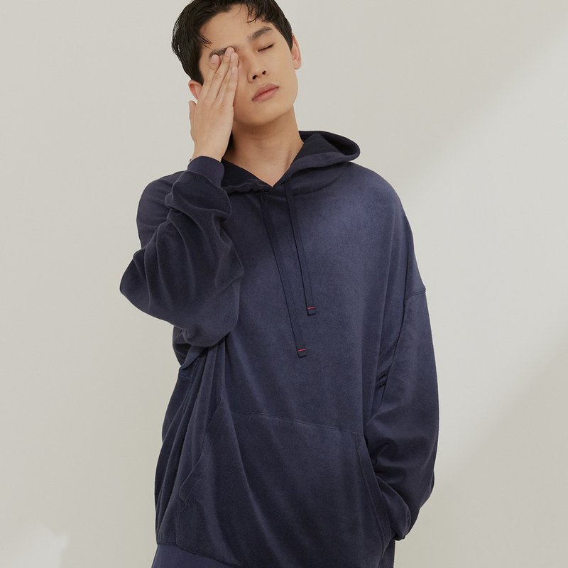 Terry Cloth Drop Shoulder Long Sleeve Cap T Home Set-Midnight Blue/Home Wear - ชุดนอน/ชุดอยู่บ้าน - ผ้าฝ้าย/ผ้าลินิน สีน้ำเงิน