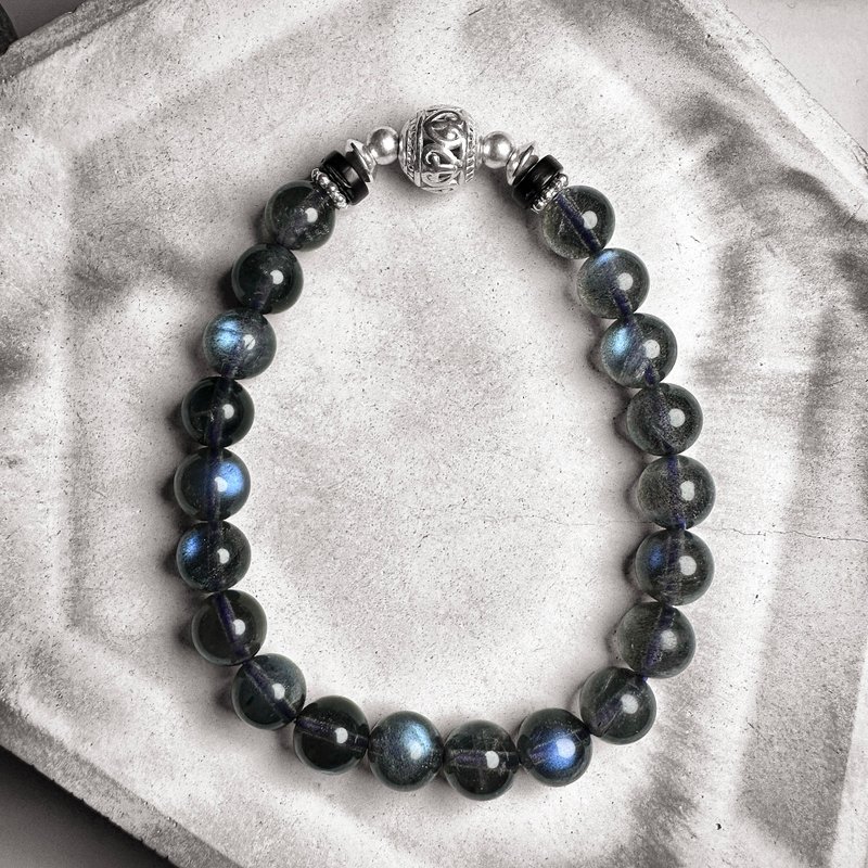 8mm black body labradorite coconut shell silver bracelet - สร้อยข้อมือ - เครื่องประดับพลอย 