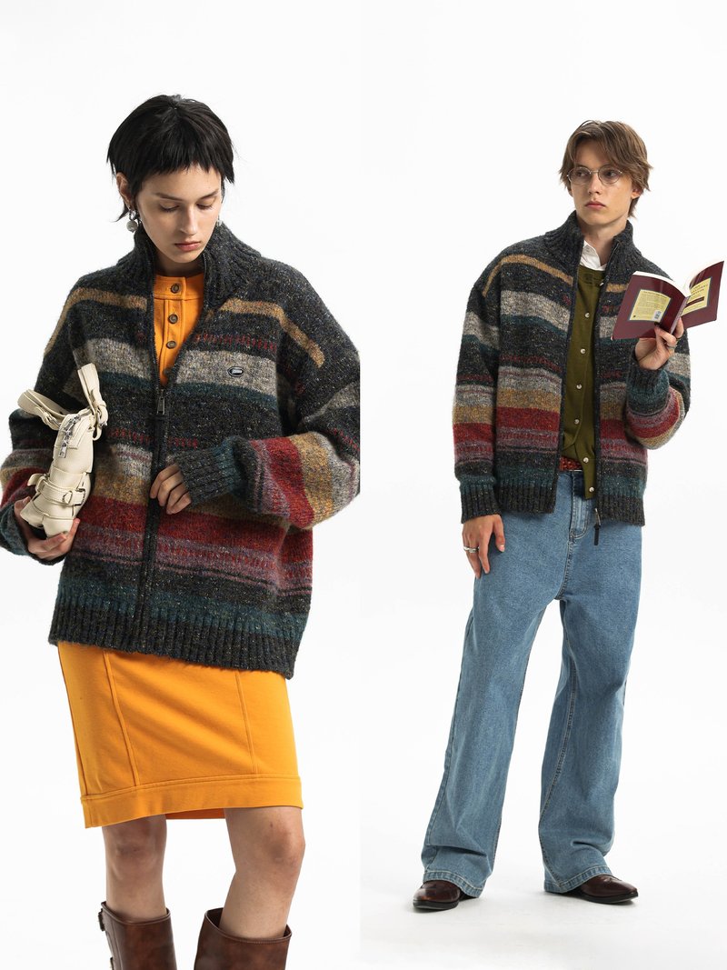 [Multi-color blend] Retro imitation mohair irregular striped stitching sweater jacket Unvesno (UN) - เสื้อโค้ทผู้ชาย - วัสดุอื่นๆ 