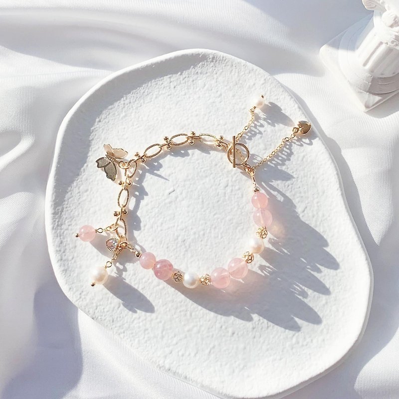 Pink Quartz Natural Freshwater Pearl 14k Gold Plated Natural Crystal Bracelet - สร้อยข้อมือ - คริสตัล หลากหลายสี