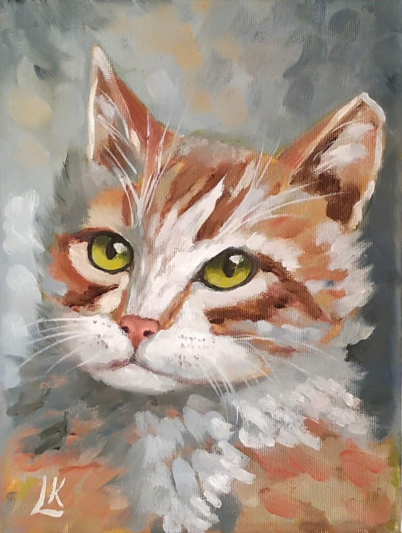 Cat Oil Painting on Canvas Original Pet portrait painting 24*18cm Red Cat Art - Wall Décor - Cotton & Hemp Multicolor