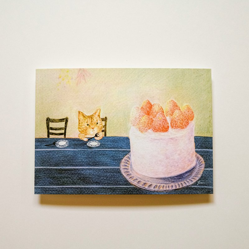 はがき猫のAhPingがストロベリーケーキにお誕生日おめでとう - カード・はがき - 紙 多色