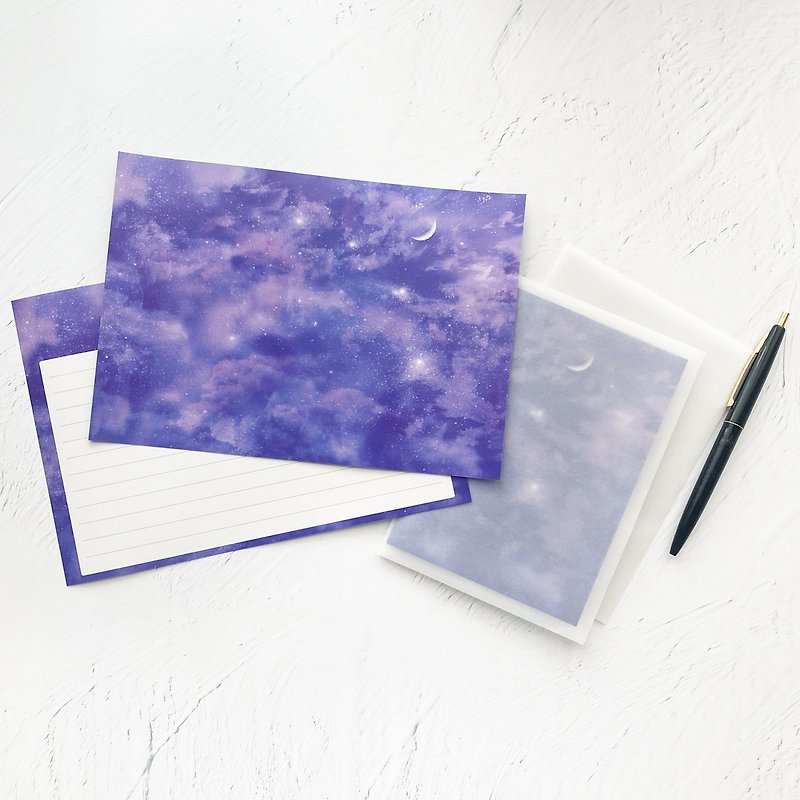 Chinaberry night sky and crescent moon Letter set / Stationery night sky moon - Envelopes & Letter Paper - Paper Purple