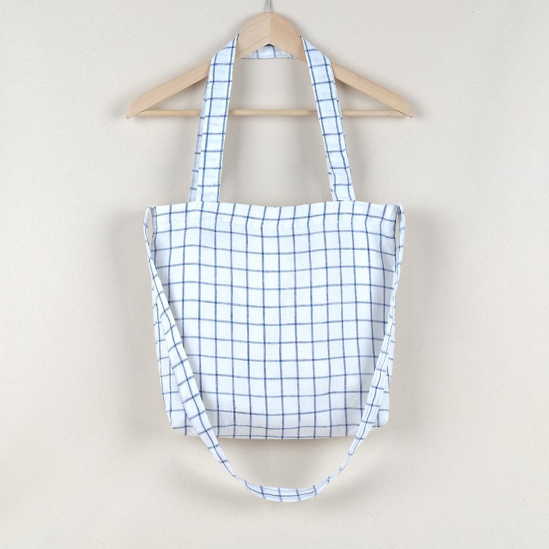 White Linen Tote Bag Blue Line Checkered - Messenger Bags & Sling Bags - Cotton & Hemp White