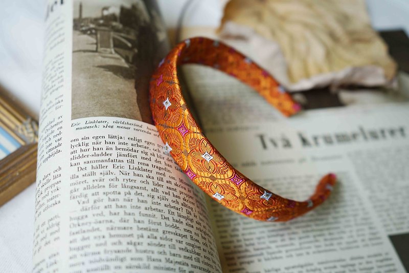 Antique tie modified handmade headband-Bollywood luxury orange-narrow version - Headbands - Silk Orange