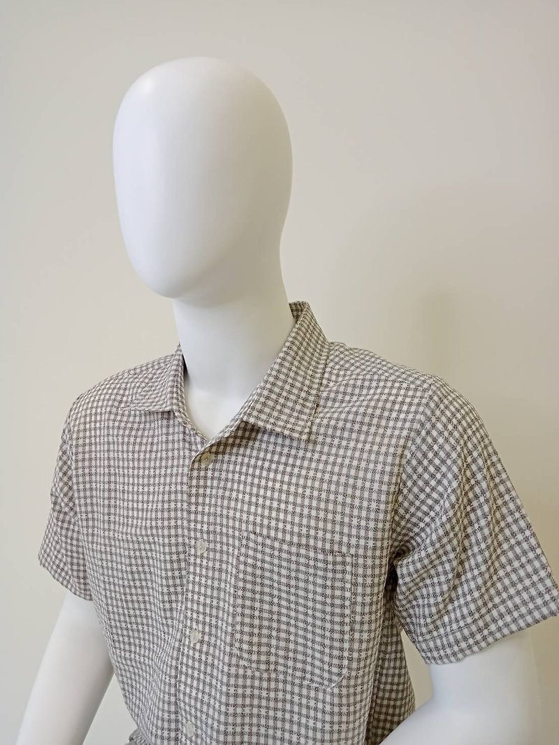 (In stock) Men's narrow Brown plaid short-sleeved shirt - Men's Shirts - Cotton & Hemp 