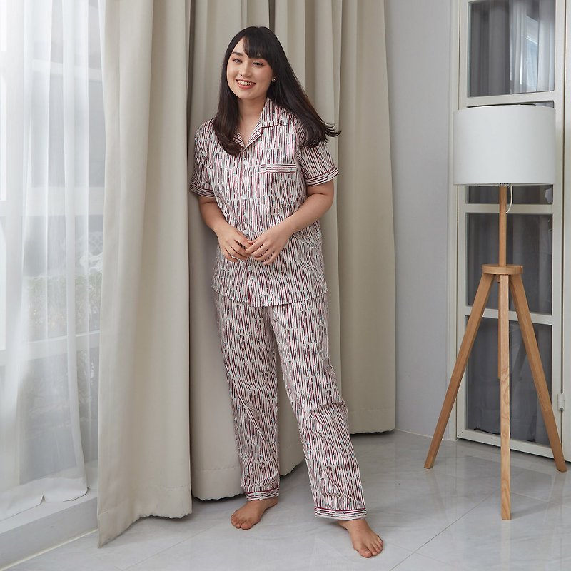 Cotton Pajamas short sleeve with Pants - 睡衣/家居服 - 棉．麻 紅色