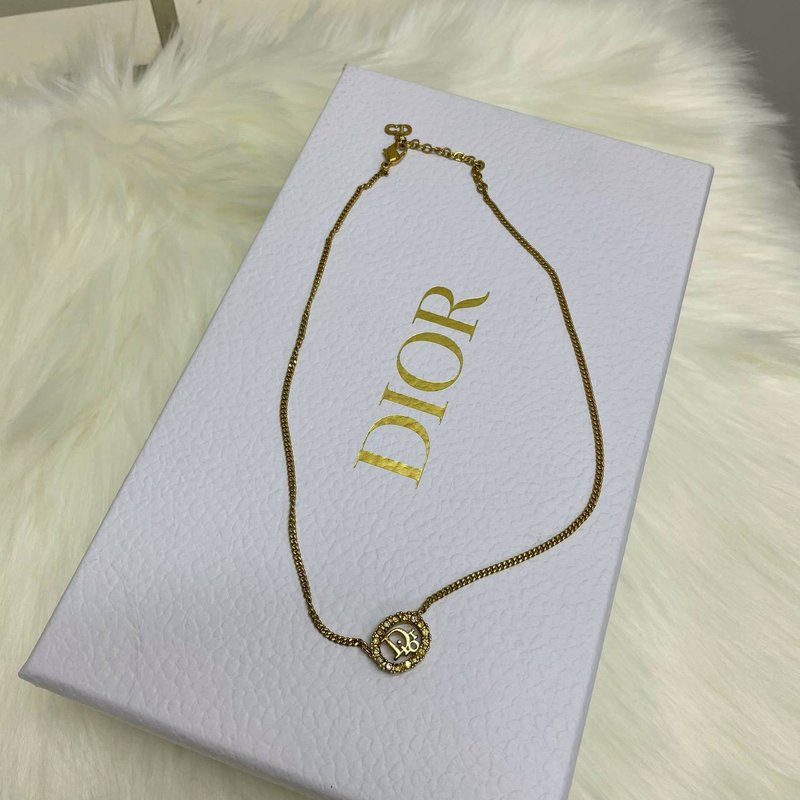 Christian Dior Logo Vintage Necklace 水鑽頸鏈 - 項鍊 - 其他金屬 金色