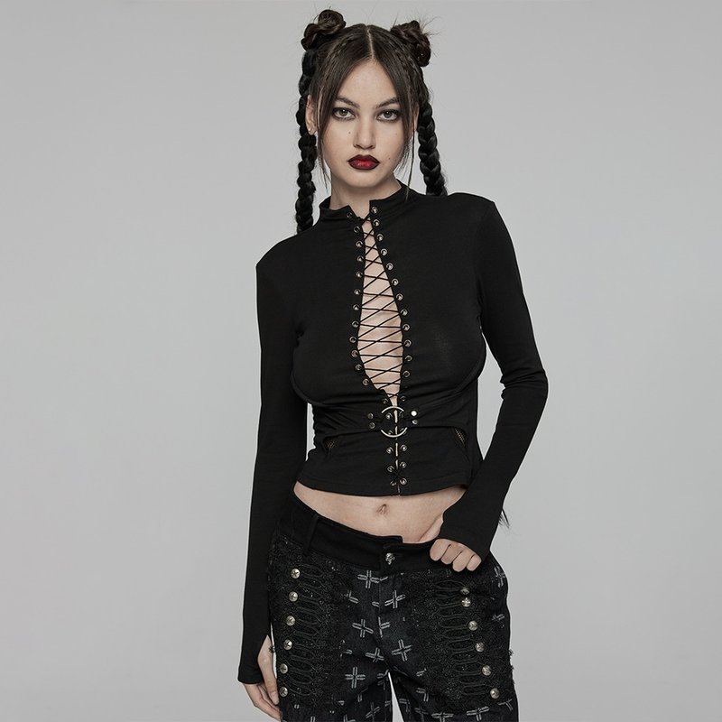 Punk psychic low-cut rope structured top - เสื้อผู้หญิง - วัสดุอื่นๆ สีดำ