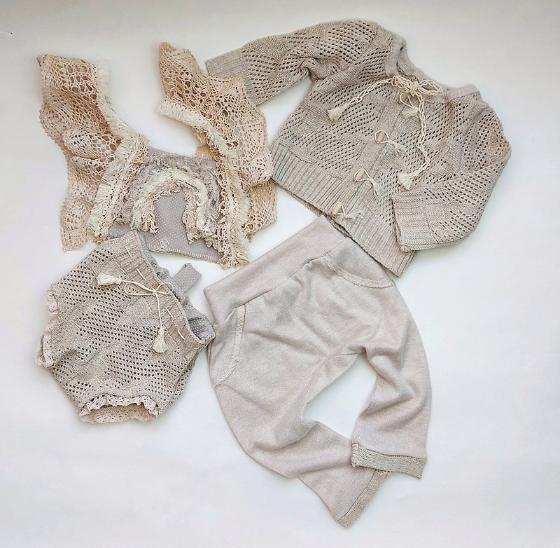 Baby Photography Props Set: Lace Romper, Sweater, Trousers & Rainbow Top - 嬰兒飾品 - 其他材質 白色