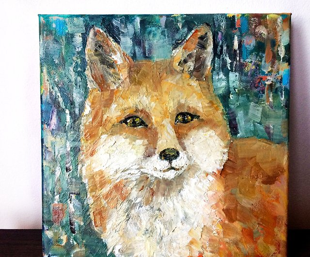 Fox painting Red Fox Birch Forest Oil painting Portrait of a fox Original painting on canvas.