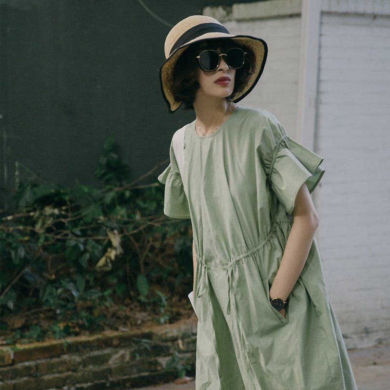 Lotus Leaf Drawstring Round Neck Dress | Dress | Summer | Cotton | Sora-314 - ชุดเดรส - ผ้าฝ้าย/ผ้าลินิน สีเขียว