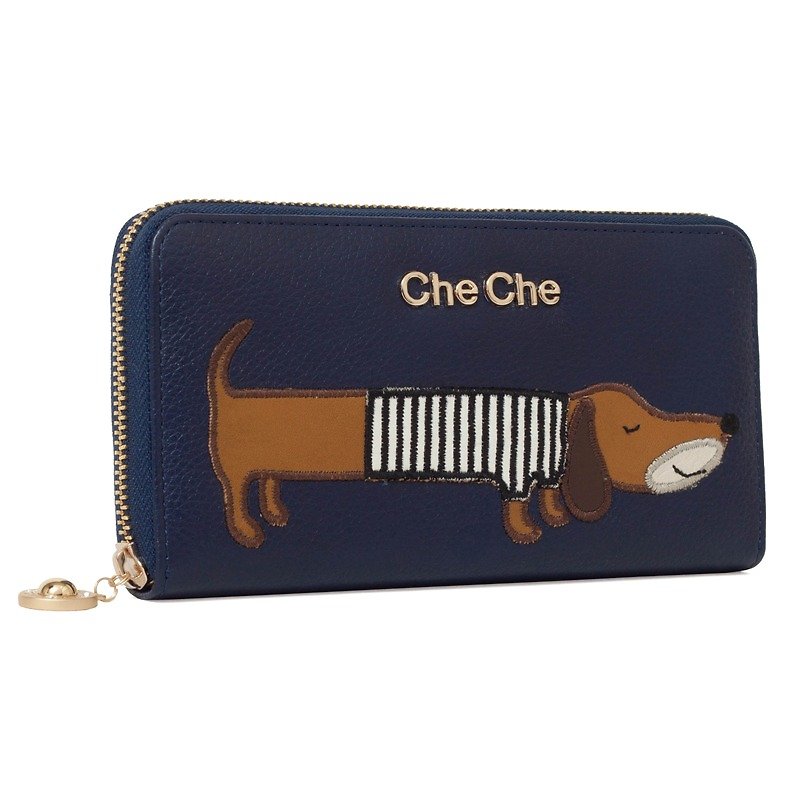 Dachshund Dog Leather Long Wallet - กระเป๋าสตางค์ - หนังแท้ สีน้ำเงิน