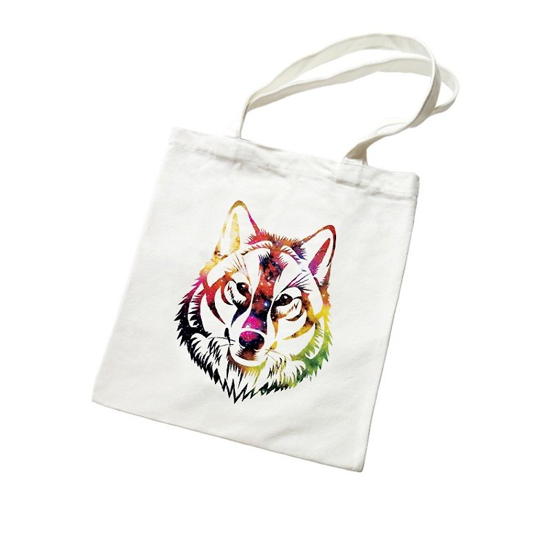 COSMIC WOLF Wenqing simple and fresh canvas literary environmental protection shoulder handbag shopping bag-beige wolf universe design self-made brand galaxy fashionable round triangle - Messenger Bags & Sling Bags - Other Materials White