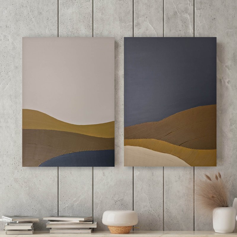 Dark Brown Painting| Textured Blue Brown Wall Art| Two Piece Wall Art| Hills Set - 壁貼/牆壁裝飾 - 棉．麻 咖啡色
