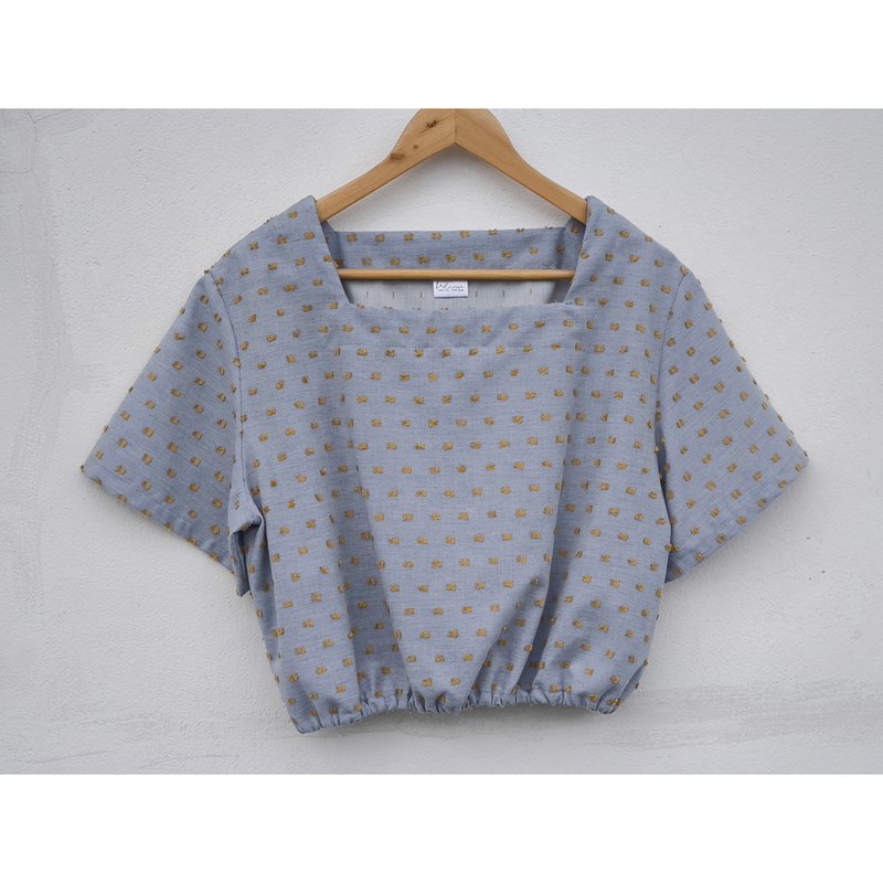Cotton | Blue square neck shirt - 女上衣/長袖上衣 - 棉．麻 藍色