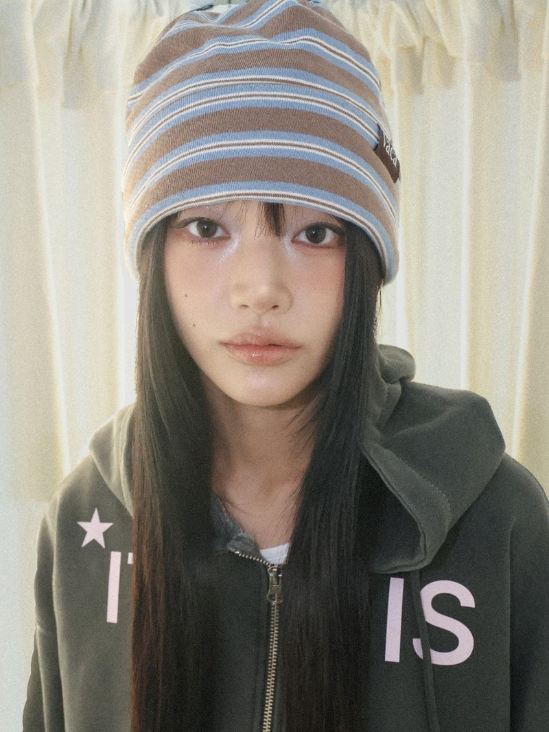 BROWN STRIPE BEANIE - 帽子 - コットン・麻 ブラウン