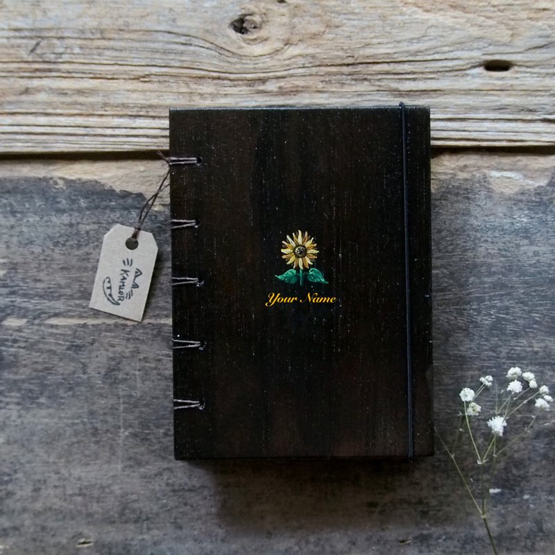 Sunflower on burns wood. notebook handmade notebook diary handmade wood  筆記本 - Notebooks & Journals - Wood Brown