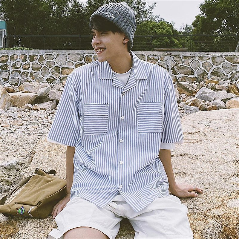 Nbno Japanese department Summer Academy style short sleeve couple stripe toolin - Men's Shirts - Other Materials White