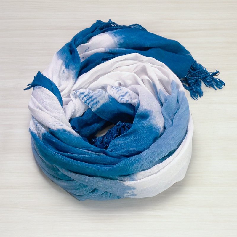 【Orange+ - Breeze】Indigo-dyed tassel silk scarf (scarf, headscarf, shawl, sc - Scarves - Silk Blue