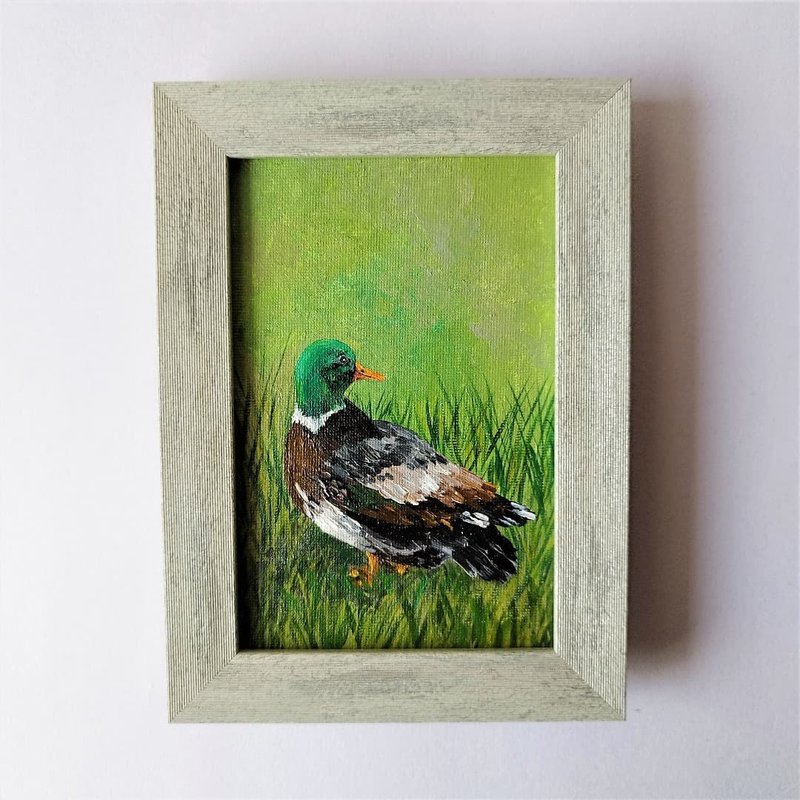 Bird wall art framed Flightless duck bird painting impasto small wall decoration - 壁貼/牆壁裝飾 - 壓克力 多色