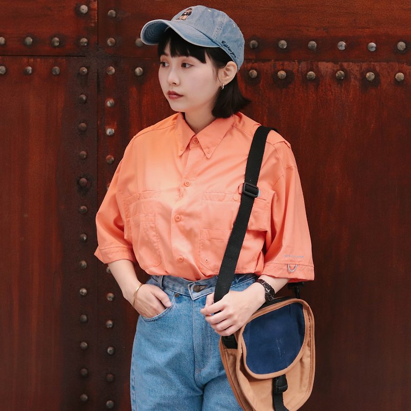 Columbia Fishing Shirt, Orange Short Sleeve Mesh Fabric [Tsubasa.Y 古 着 屋] - Men's Shirts - Cotton & Hemp Orange
