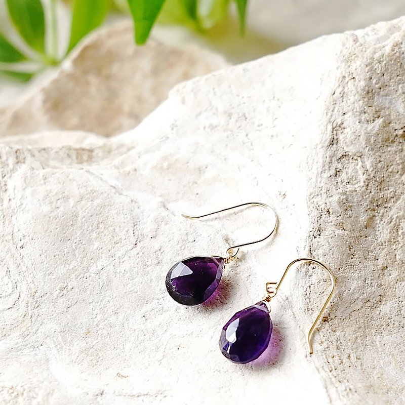 K18 Amethyst Pear Shave Earrings or Clip-On Natural Stone Beautiful Purple - ต่างหู - โลหะ สีม่วง